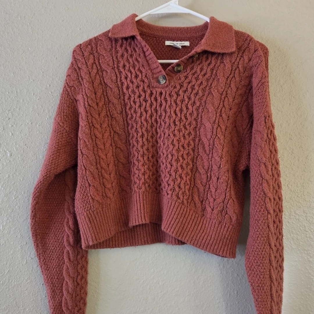 American Eagle Outfitters V-Neck Cable Knit Sweater - Burnt Orange